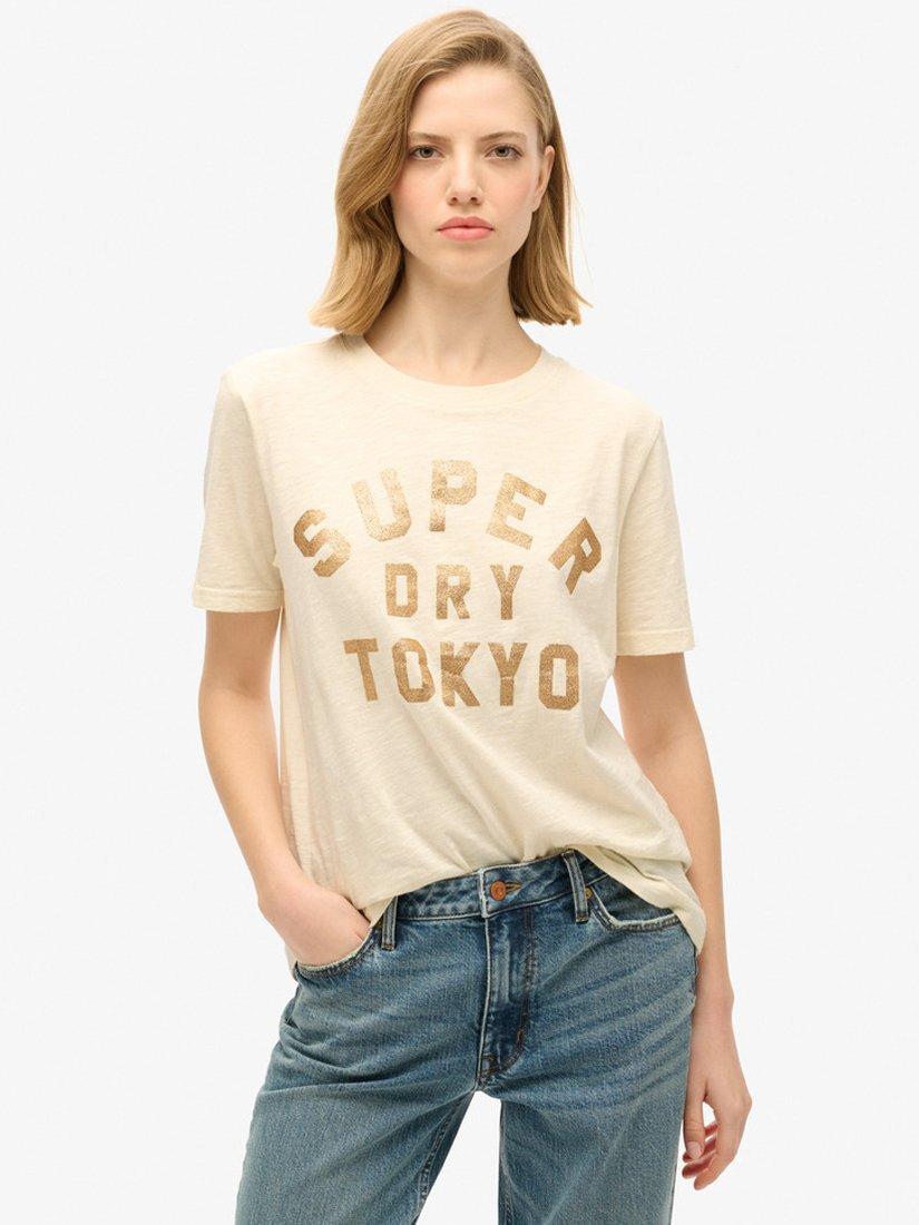 Superdry Glitter Logo T-Shirt, Cream Slub