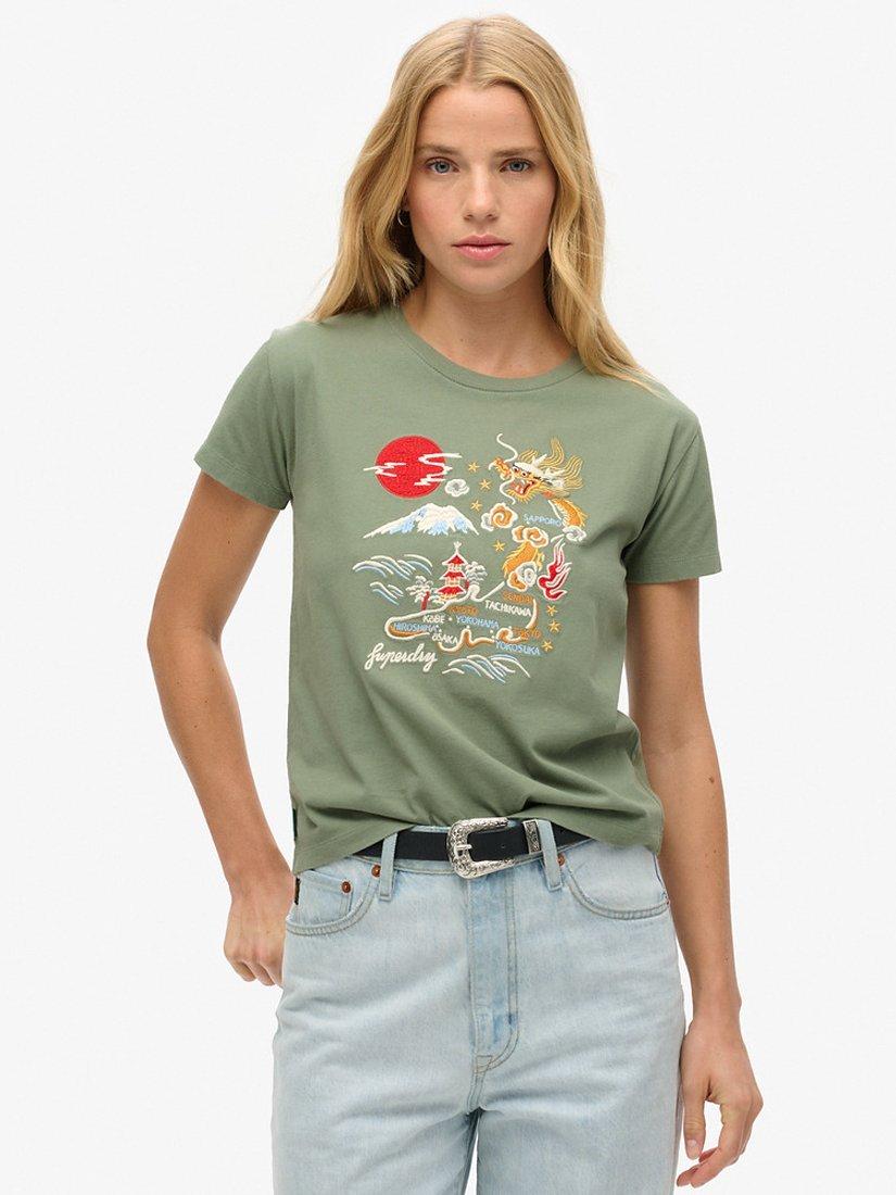 Superdry Suika Embroidered Fitted T-Shirt, Laurel Khaki, 8