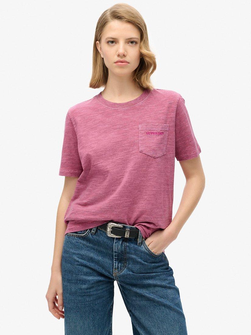 Product image 1 of 5, which shows Superdry Essential Logo Overdyed T-Shirt, Shocking Pink, 8