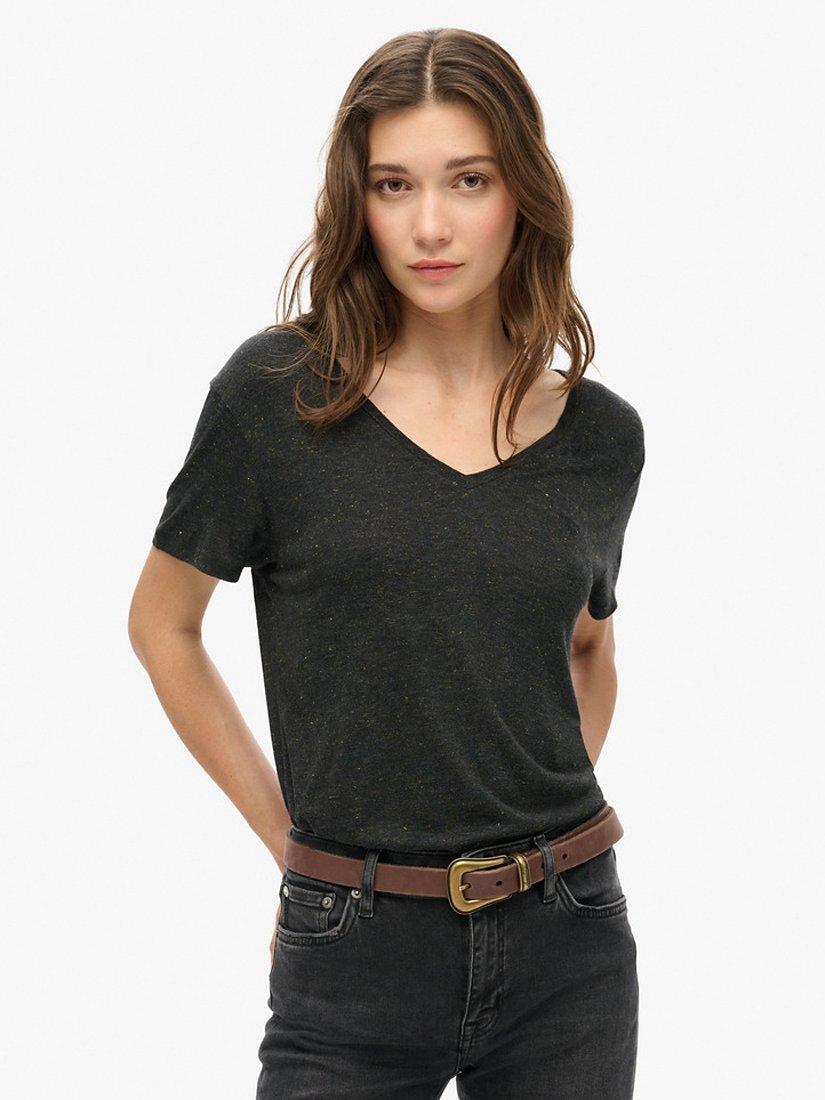 Product image 1 of 5, which shows Superdry Studios Slub Embroidered V-Neck T-Shirt, Black Metalic, 8