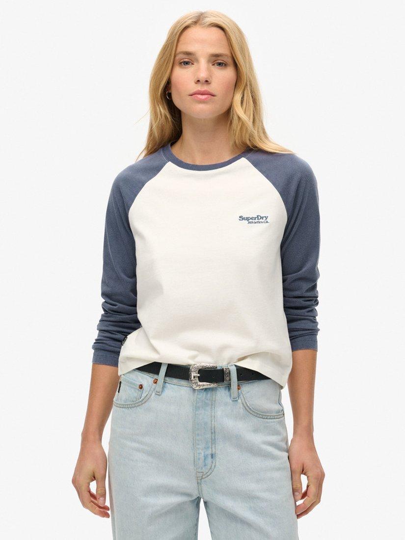 Product image 1 of 5, which shows Superdry Essential Logo Long Sleeve Baseball Top, Mariner Navy/Optic, 8