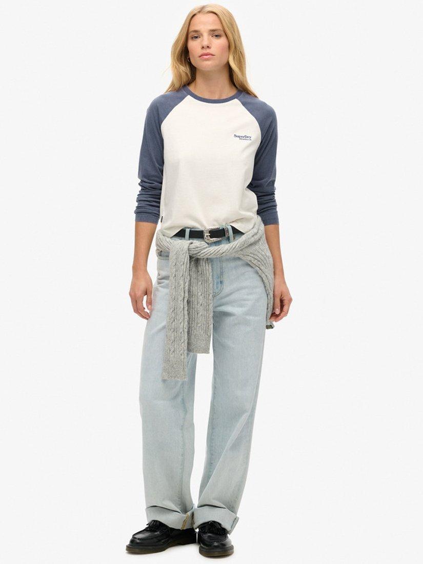 Product image 3 of 5, which shows Superdry Essential Logo Long Sleeve Baseball Top, Mariner Navy/Optic, 8