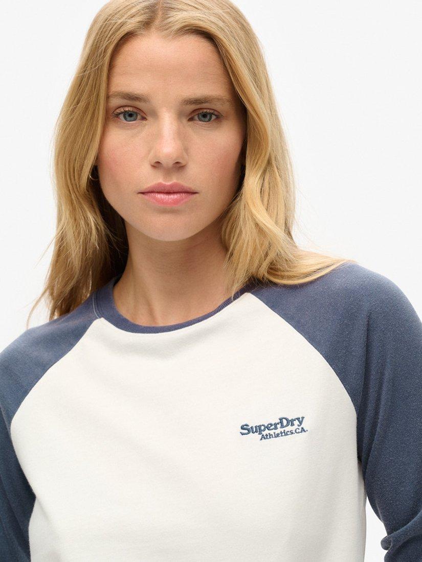 Product image 4 of 5, which shows Superdry Essential Logo Long Sleeve Baseball Top, Mariner Navy/Optic, 8