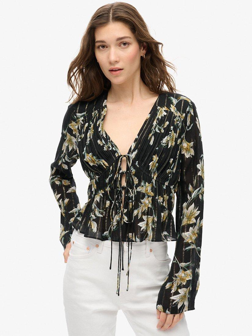 Superdry 70s Sleeve Pleated Top, Wild Lillies, 8