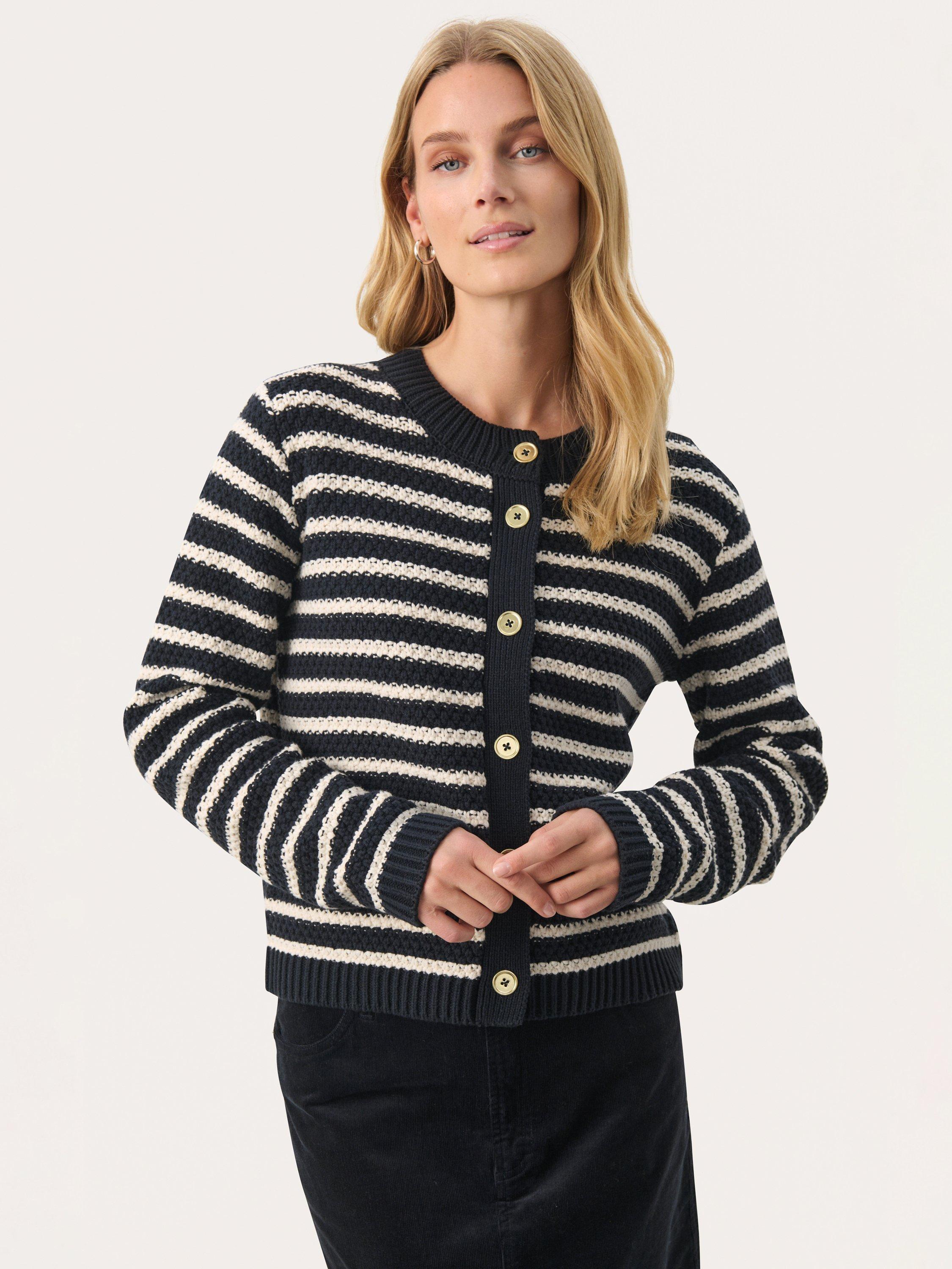 Product image 1 of 6, which shows Part Two Leonida Round Neck Stripe Cardigan, Whitecap Gray Stripe, S