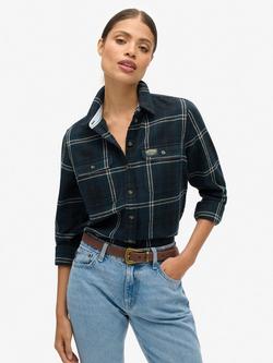Superdry Lumberjack Check Flannel Organic Cotton Shirt, Navy/Green Check, Navy/Green Check
