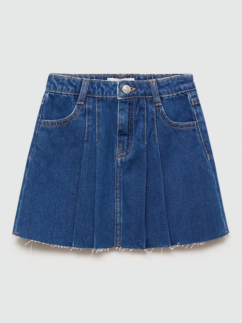 Mango Kids' Paola Pleated Denim Mini Skirt, Navy, 10 years