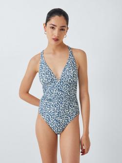 John Lewis Sabi Leo High Apex Wrap Front Swimsuit, White/Blue, White/Blue