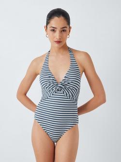 John Lewis Valencia Twist Front Halterneck Swimsuit, Blue/White, Blue/White