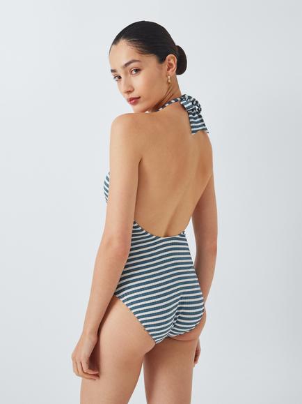 John Lewis Valencia Twist Front Halterneck Swimsuit, Blue/White - view 2, Blue/White