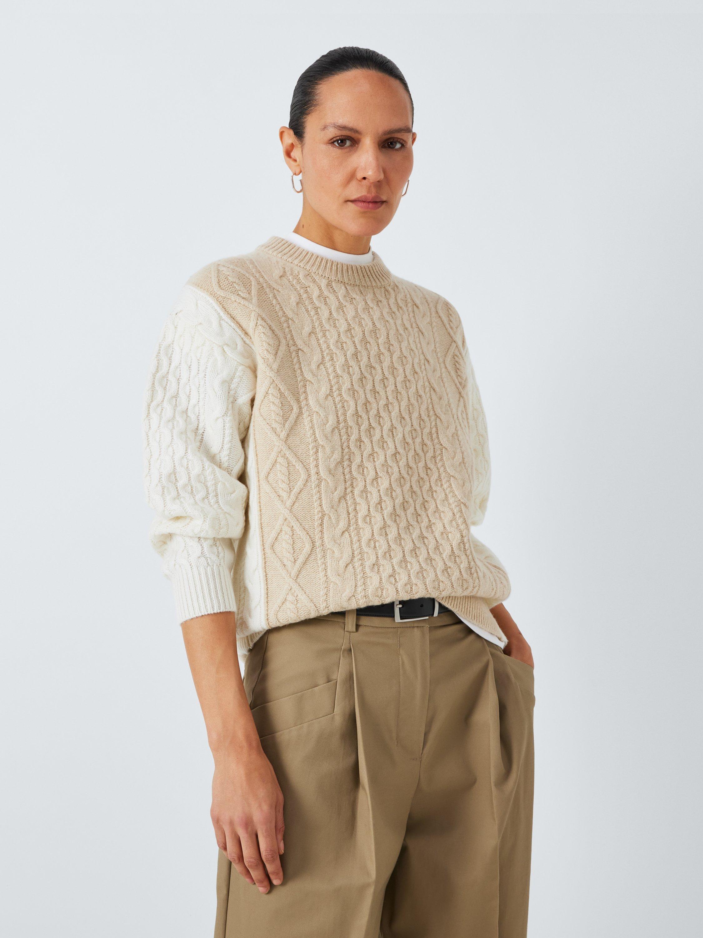 Product image 5 of 6, which shows John Lewis Colour Block Wool Blend Cable Knit Jumper, Natural/Multi, XS