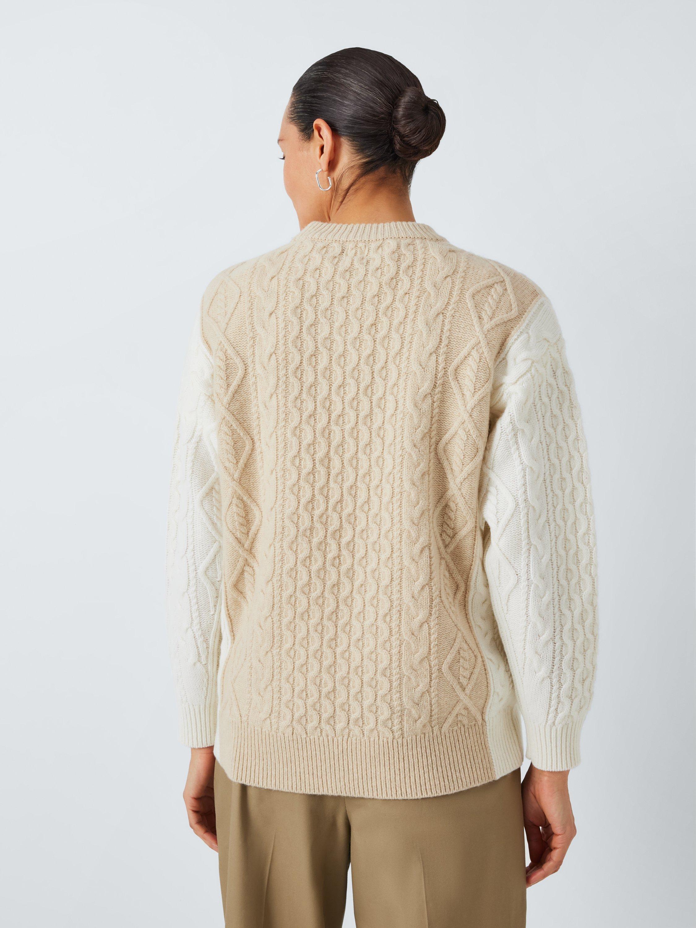 Product image 2 of 6, which shows John Lewis Colour Block Wool Blend Cable Knit Jumper, Natural/Multi, XS