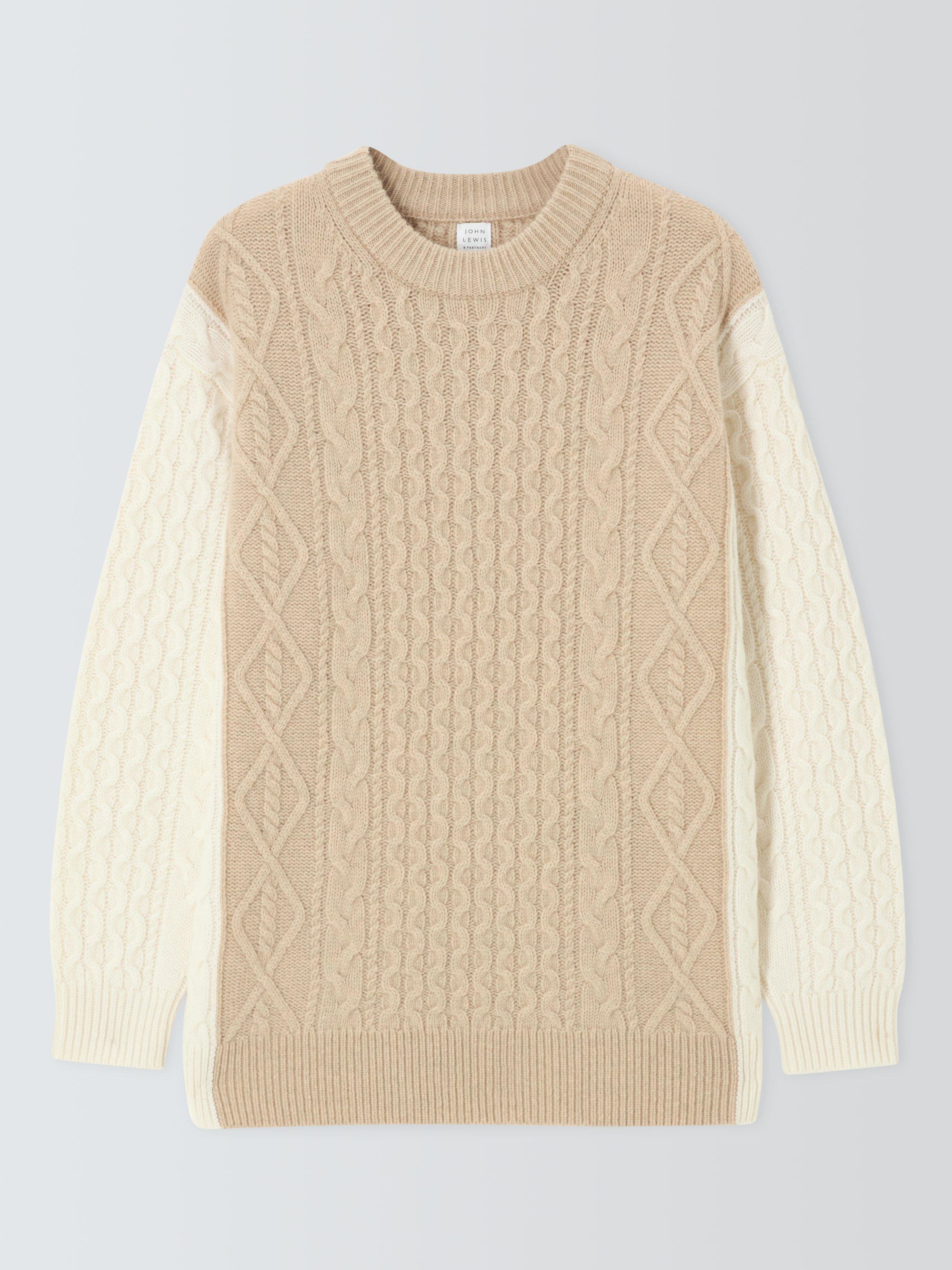 Product image 4 of 6, which shows John Lewis Colour Block Wool Blend Cable Knit Jumper, Natural/Multi, XS