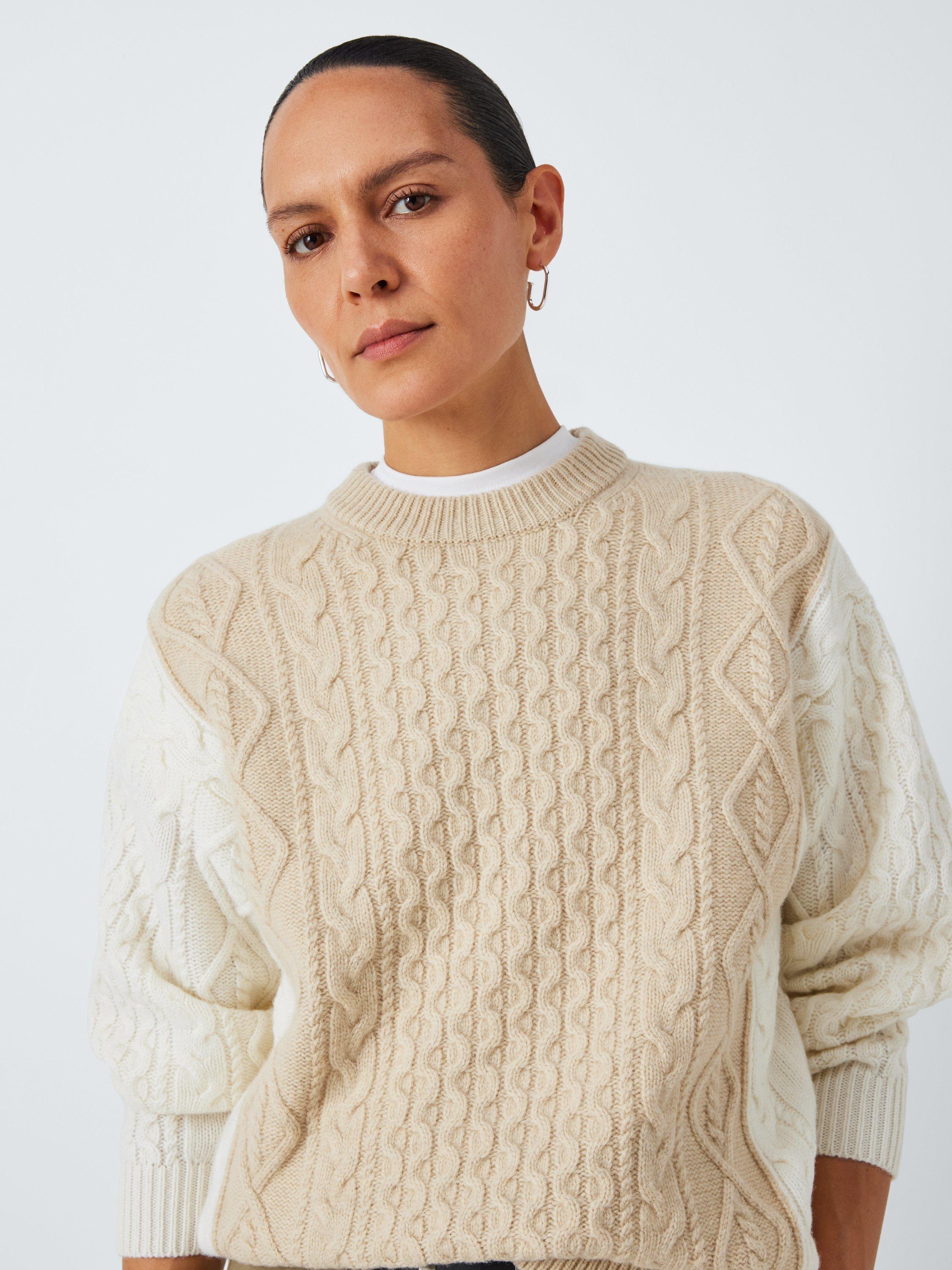 Product image 1 of 6, which shows John Lewis Colour Block Wool Blend Cable Knit Jumper, Natural/Multi, XS