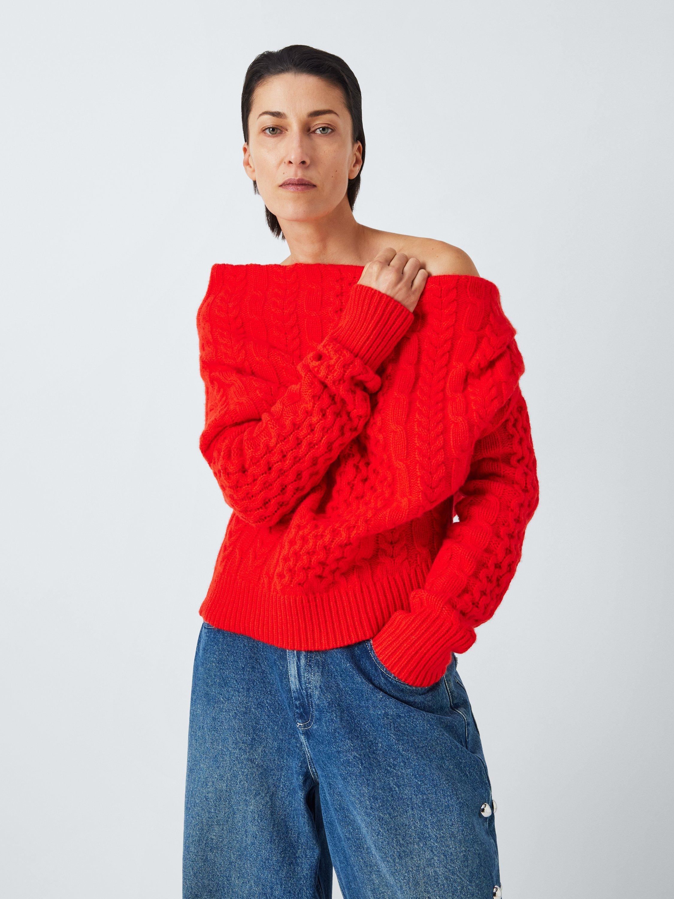 Product image 1 of 8, which shows John Lewis x A.W.A.K.E. MODE Asymmetric Cable Jumper, Red, 8