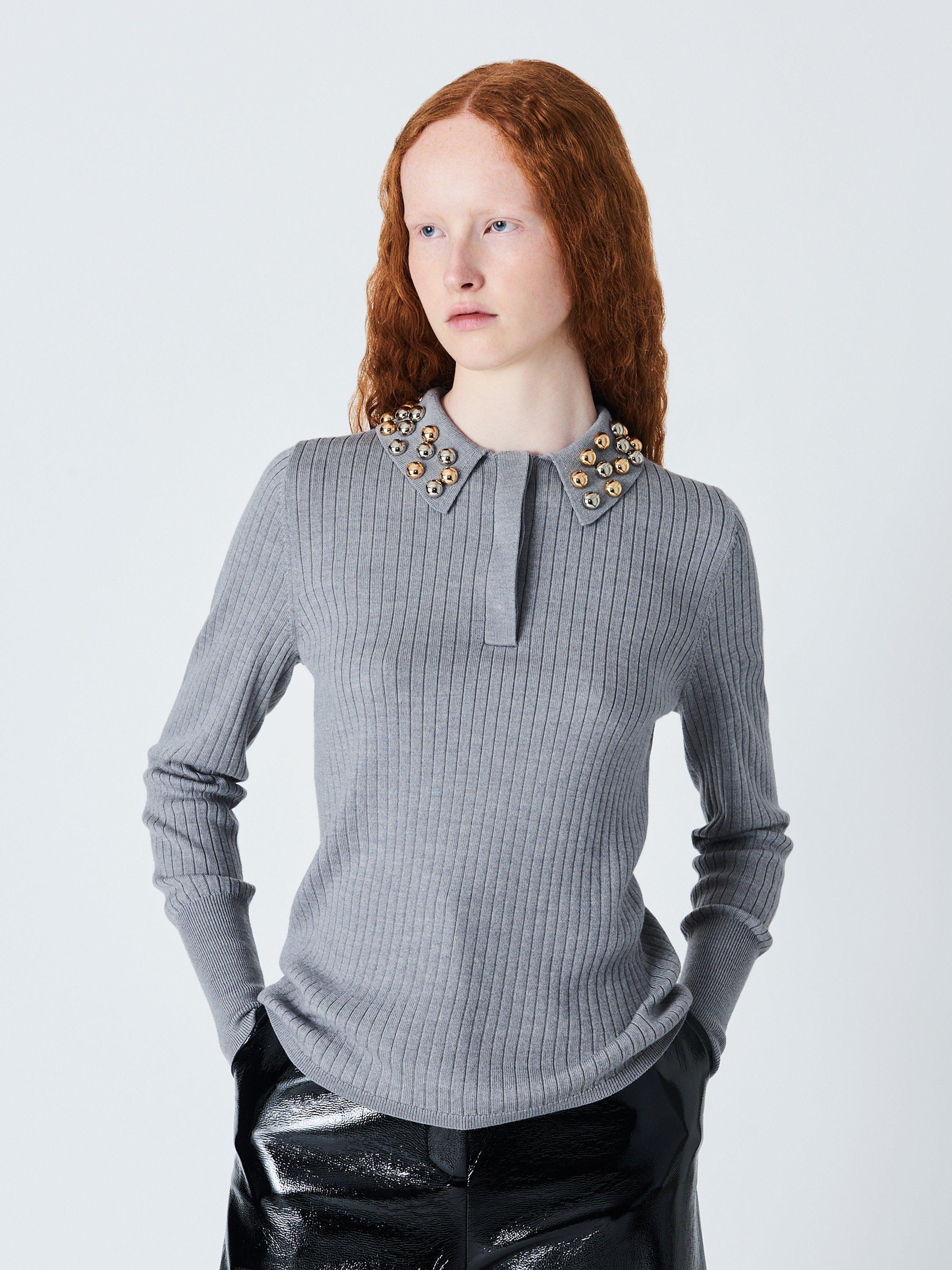 Product image 1 of 5, which shows John Lewis x A.W.A.K.E. MODE Embellished Collar Jumper, Grey, 6