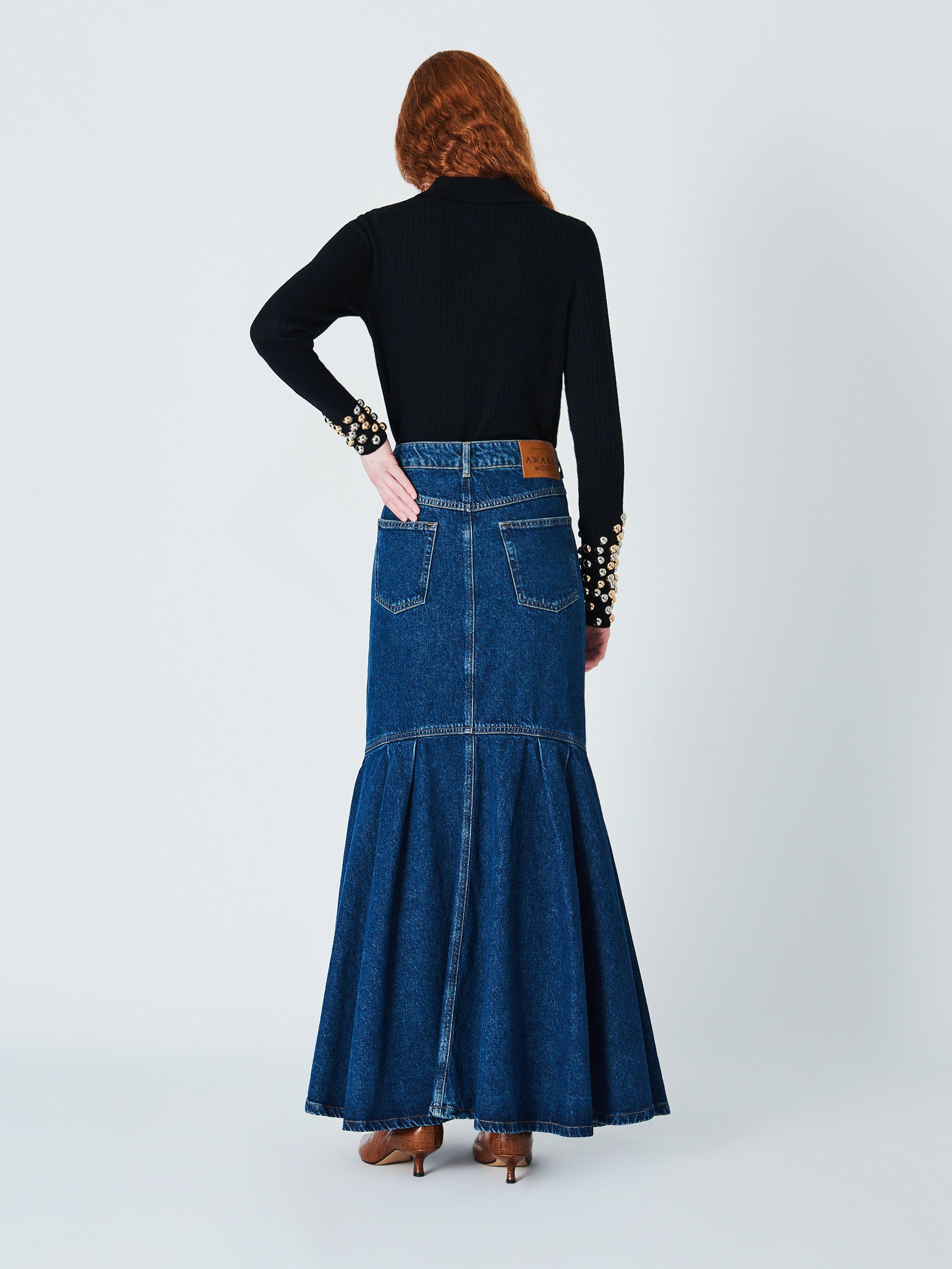 Product image 6 of 7, which shows John Lewis x A.W.A.K.E. MODE Denim Maxi Skirt, Mid Blue Wash, 12