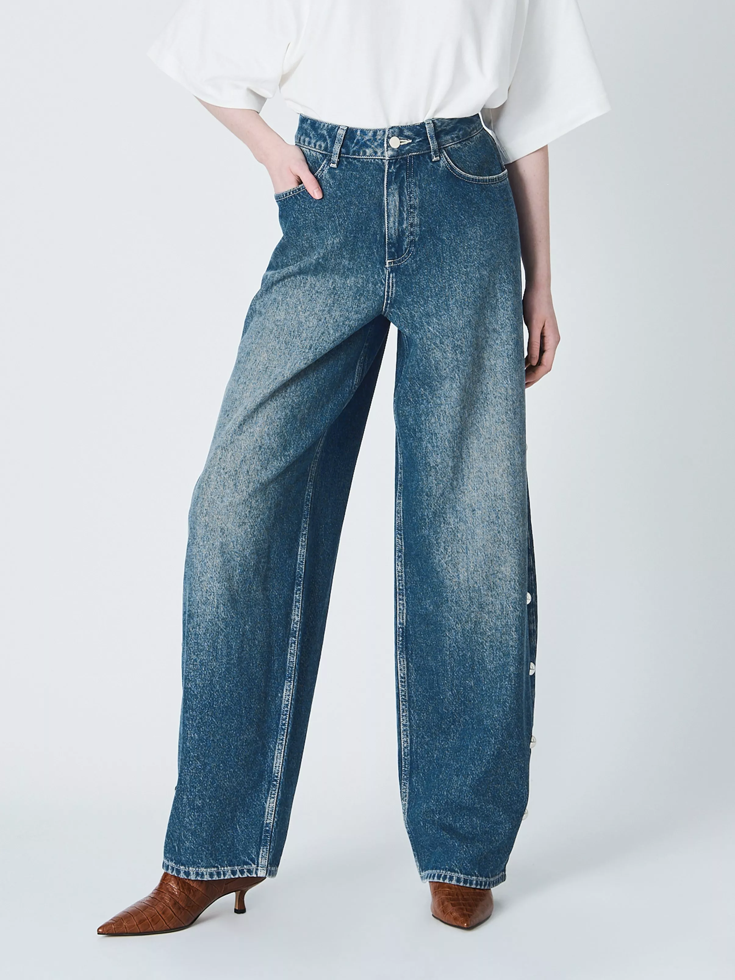 John Lewis x A.W.A.K.E. MODE Relaxed Oversized Barrel Studded Jean, Mid Blue Wash