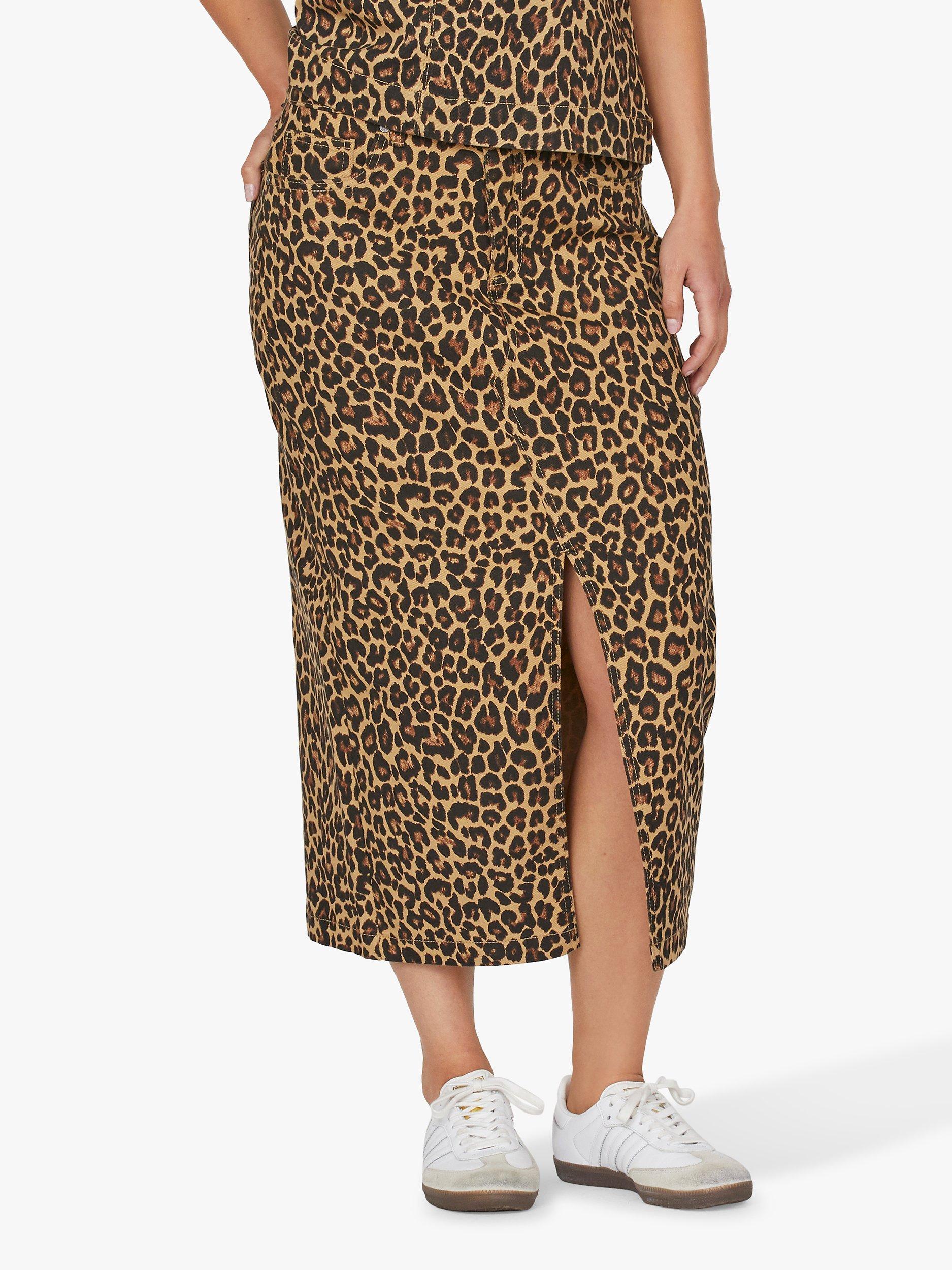 Product image 1 of 5, which shows Sisters Point Olia Leopard Print Denim Skirt, Multi, XS
