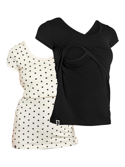 Bshirt Organic Cotton Blend Plain/Spot Breastfeeding Maternity T-Shirts, Pack of 2, Black/Cream