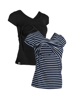 Bshirt Lift Nursing Plain/Stripe Organic Cotton Blend T-Shirts, Pack of 2, Black/Navy/White, Black/Navy/White