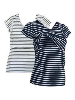Bshirt Organic Cotton Blend Lift The Flap Nursing Stripe T-Shirts, Pack of 2, Navy/White