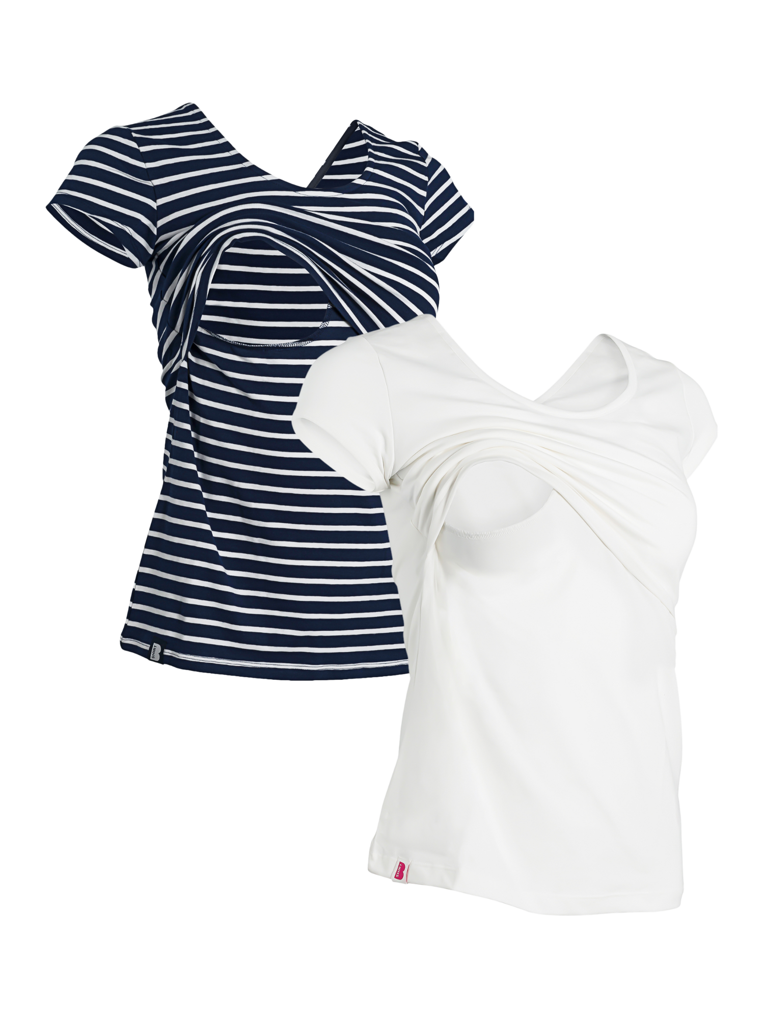 Product image 1 of 3, which shows Bshirt Organic Cotton Blend Lift The Flap Nursing Stripe T-Shirts, Pack of 2, White/Navy, 8