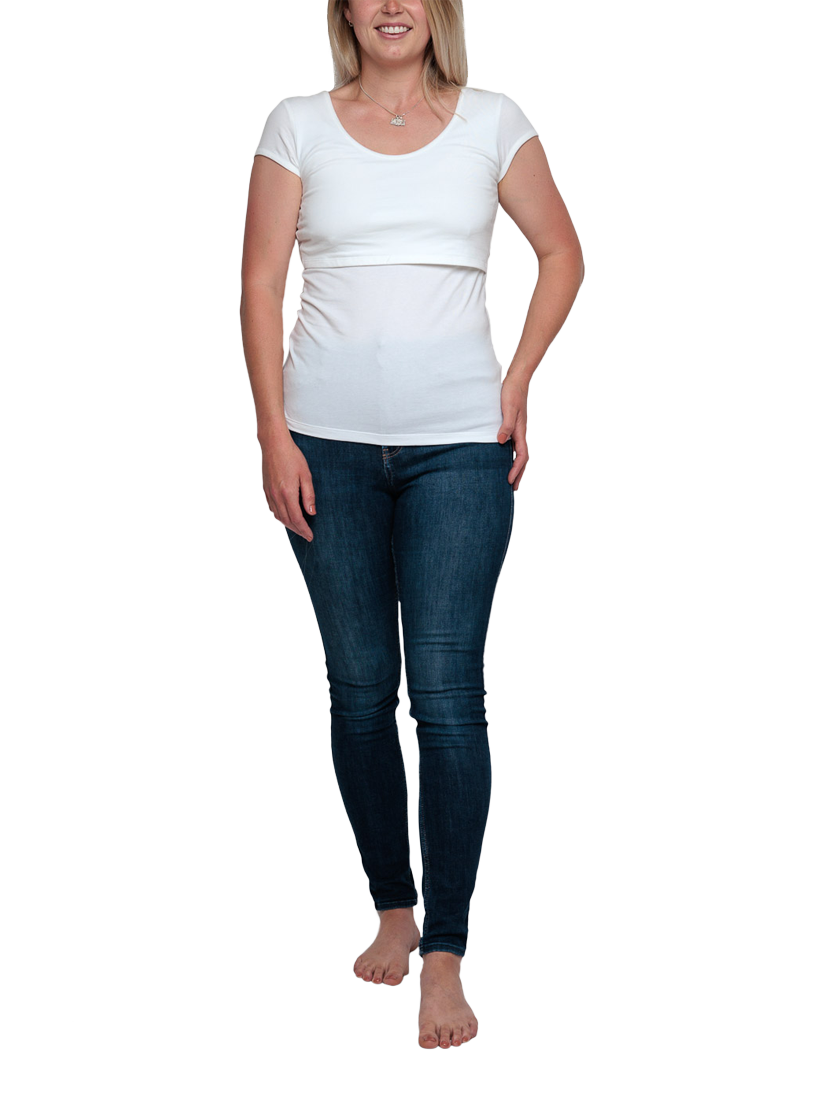 Product image 2 of 3, which shows Bshirt Organic Cotton Blend Lift The Flap Nursing Stripe T-Shirts, Pack of 2, White/Navy, 8