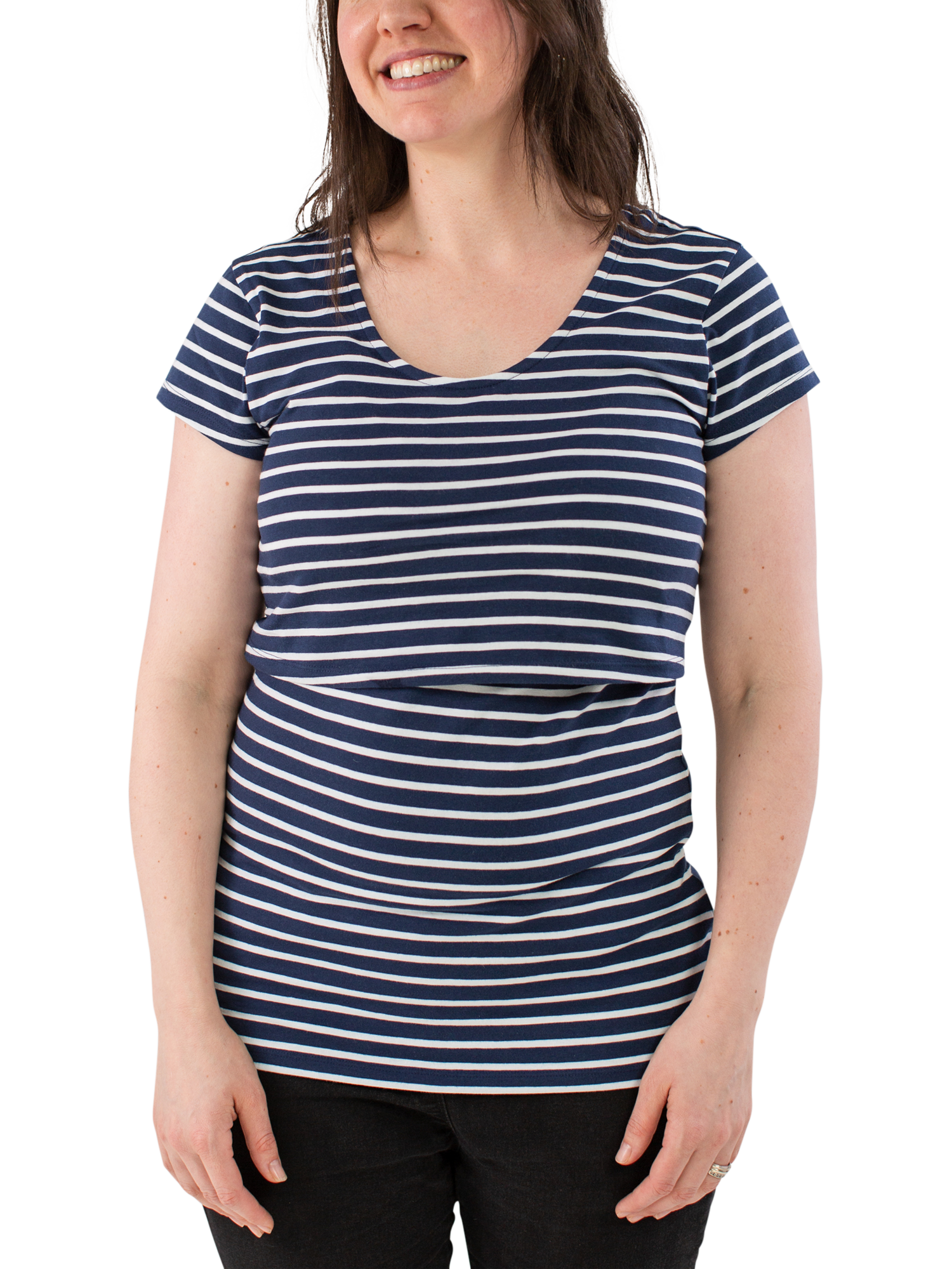 Product image 3 of 3, which shows Bshirt Organic Cotton Blend Lift The Flap Nursing Stripe T-Shirts, Pack of 2, White/Navy, 8