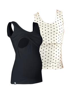 Bshirt Organic Cotton Blend Plain/Spot Lift The Flap Breastfeeding Maternity Vest Top, Pack of 2, Black/Cream