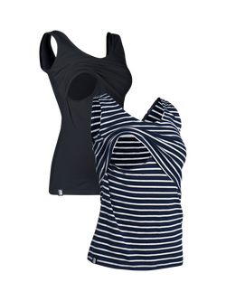 Bshirt Organic Cotton Blend Plain/Stripe Lift The Flap Breastfeeding Maternity Vest Top, Pack of 2, Black/Navy