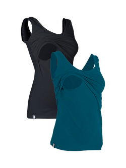 Bshirt Organic Cotton Blend Lift The Flap Breastfeeding Maternity Vest Top, Pack of 2, Black/Teal