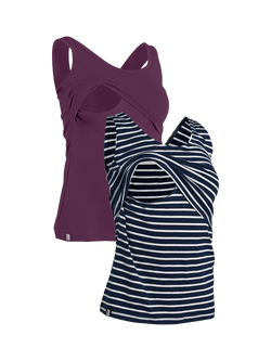 Bshirt Organic Cotton Blend Plain/Stripe Lift The Flap Breastfeeding Maternity Vest Top, Pack of 2, Plum/Navy