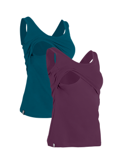 Bshirt Organic Cotton Blend Lift The Flap Breastfeeding Maternity Vest Top, Pack of 2, Teal/Plum