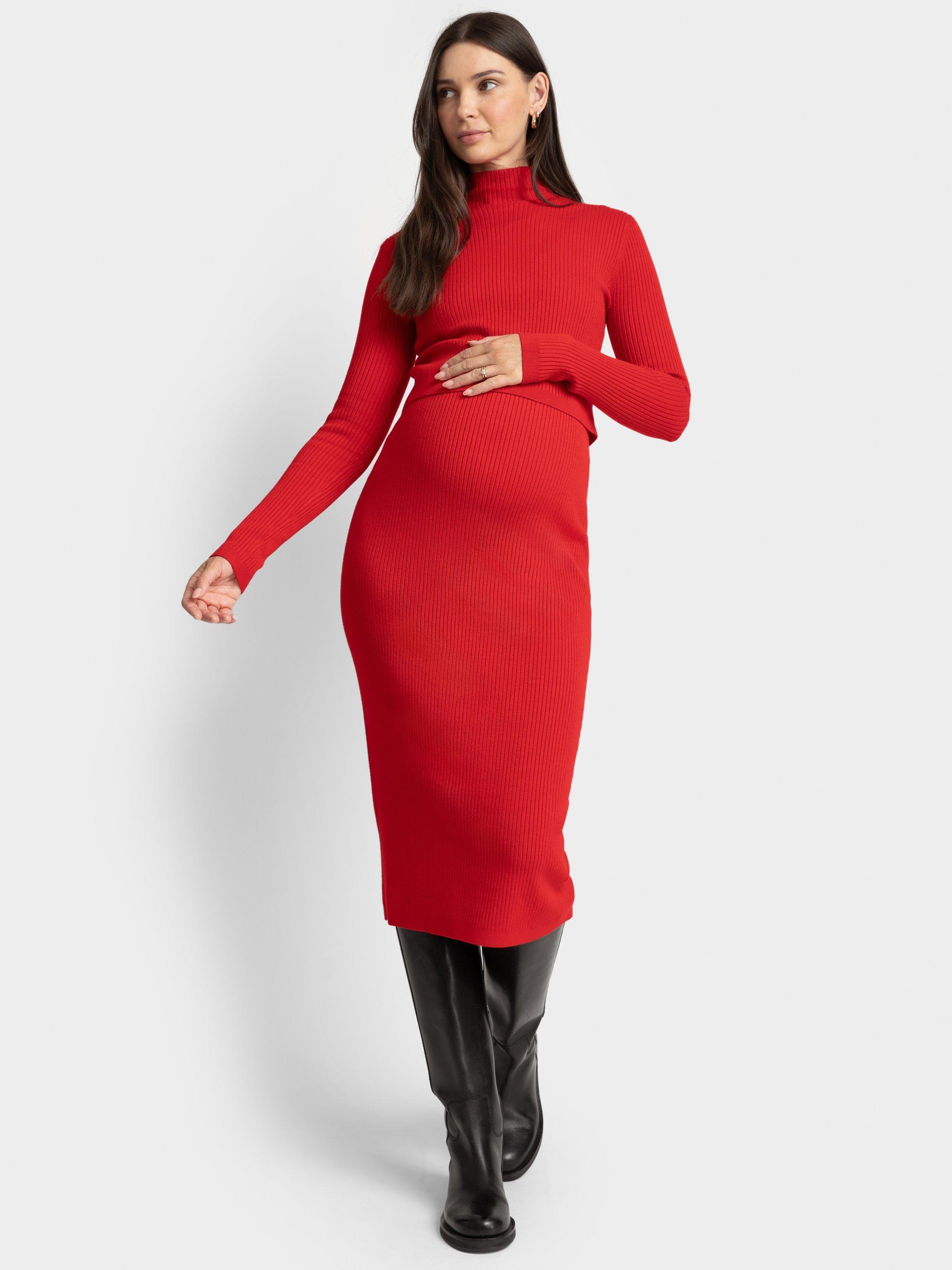 Seraphine Ribbed Maternity Nursing Dress Red