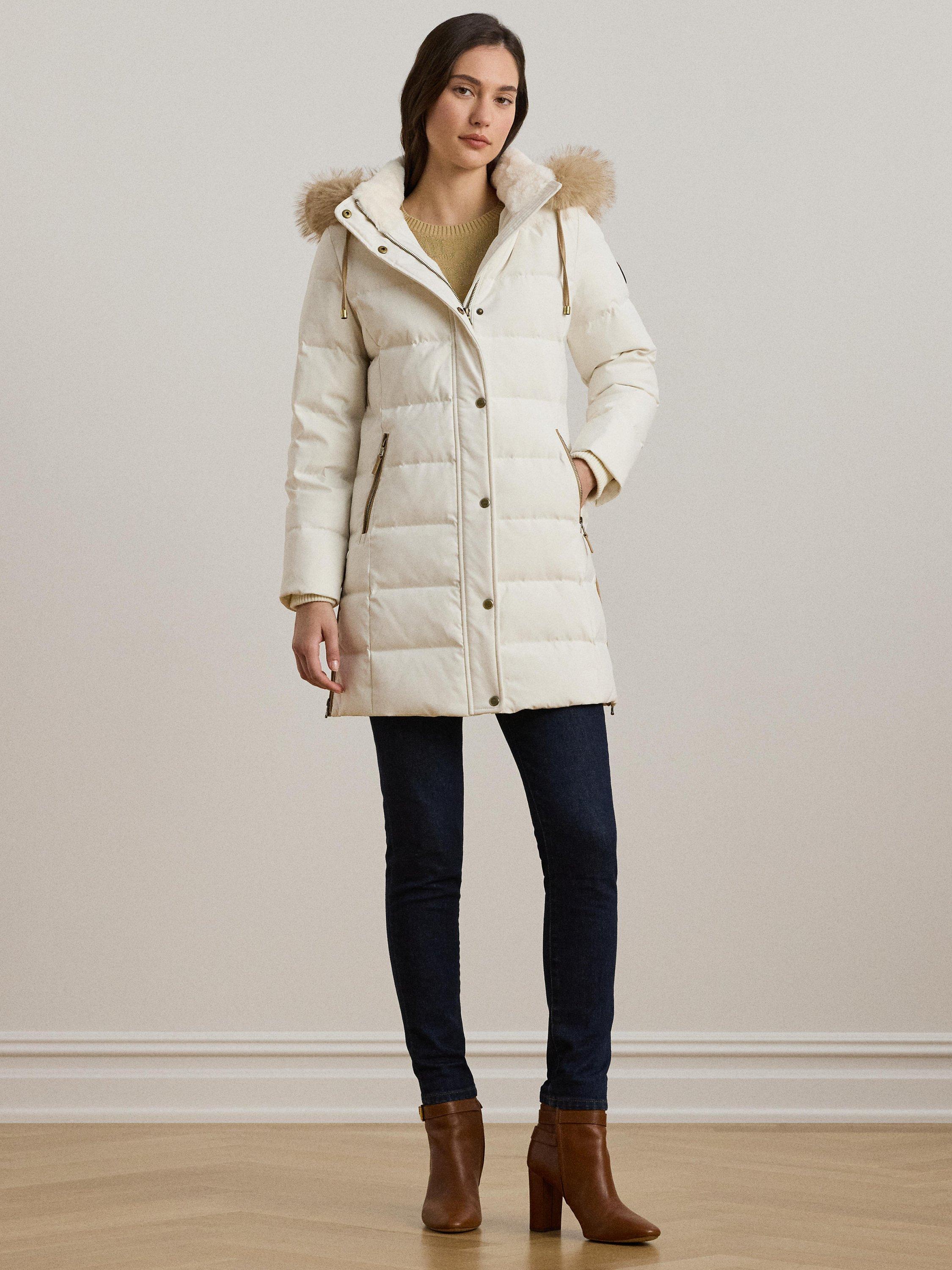 Lauren Ralph Lauren Faux Fur Hood Long Quilted Coat Cream