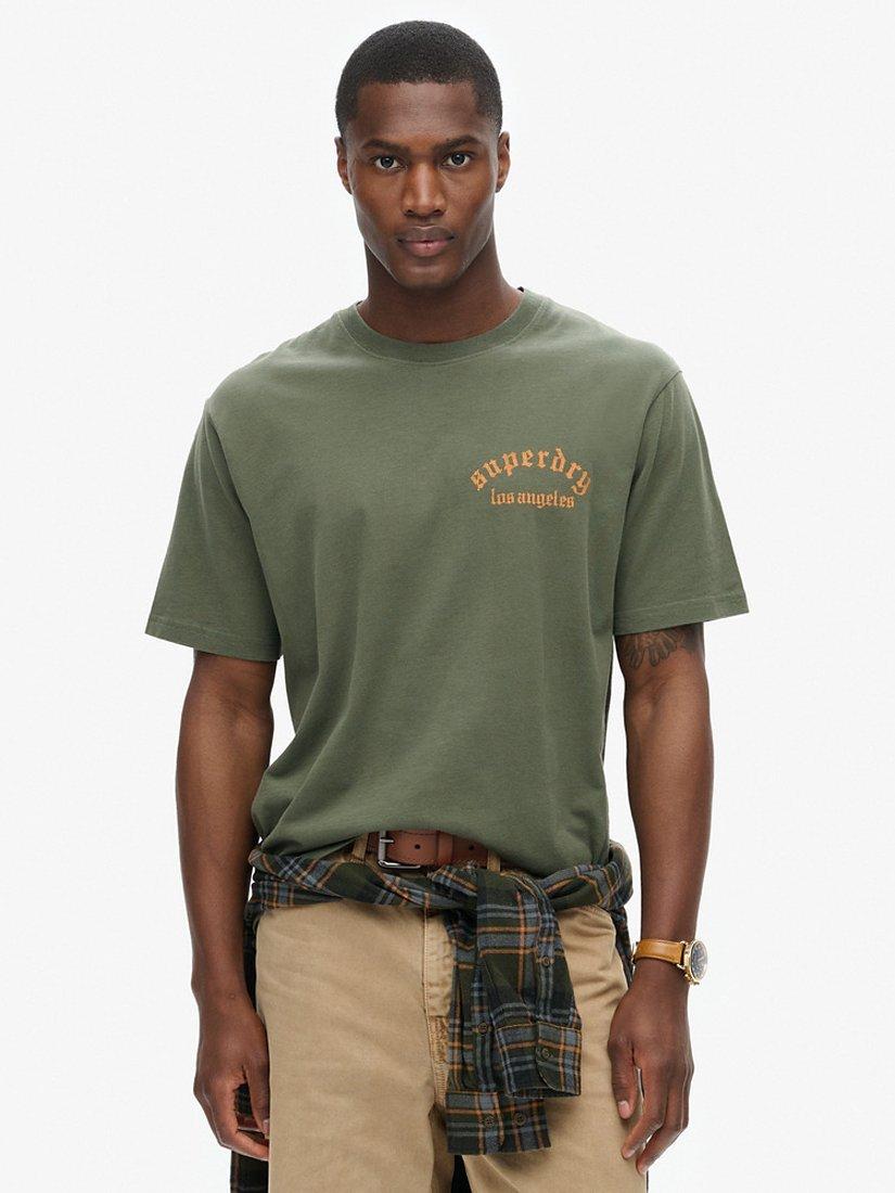 Product image 1 of 6, which shows Superdry Tattoo Back Graphic Loose T-Shirt, Dark Grey Green, S