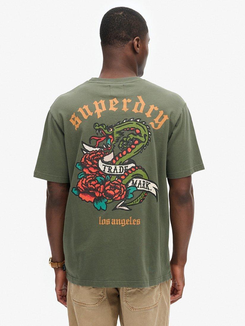 Product image 2 of 6, which shows Superdry Tattoo Back Graphic Loose T-Shirt, Dark Grey Green, S