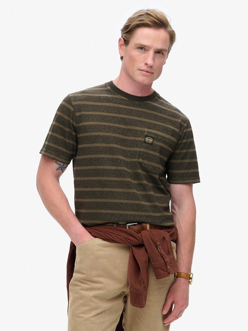 Product image 1 of 5, which shows Superdry Textured Stripe Pocket Cotton T-Shirt, Washed Beach Green, S
