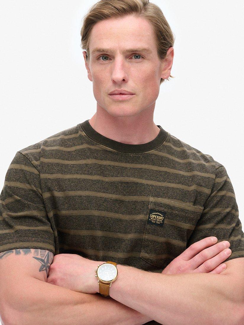 Product image 4 of 5, which shows Superdry Textured Stripe Pocket Cotton T-Shirt, Washed Beach Green, S