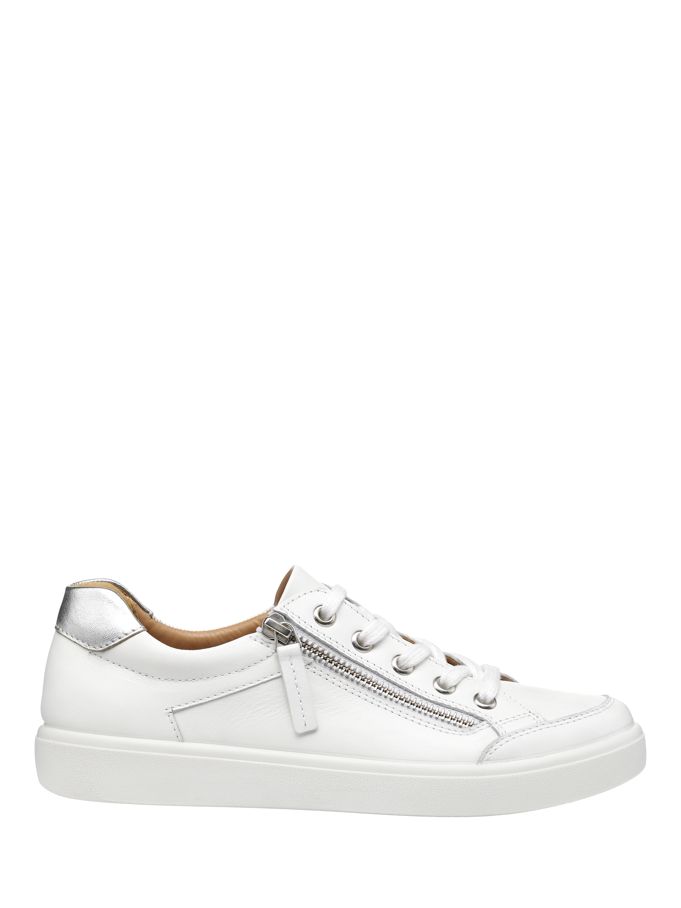 Product image 1 of 4, which shows Hotter Chase II Wide Fit Leather Zip and Go Trainers, White/Silver, 3W