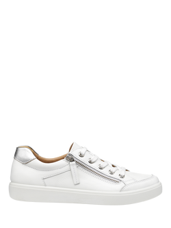 Hotter Chase II Wide Fit Leather Zip and Go Trainers, White/Silver, White/Silver