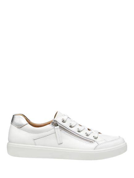 Hotter Chase II Wide Fit Leather Zip and Go Trainers, White/Silver, White/Silver