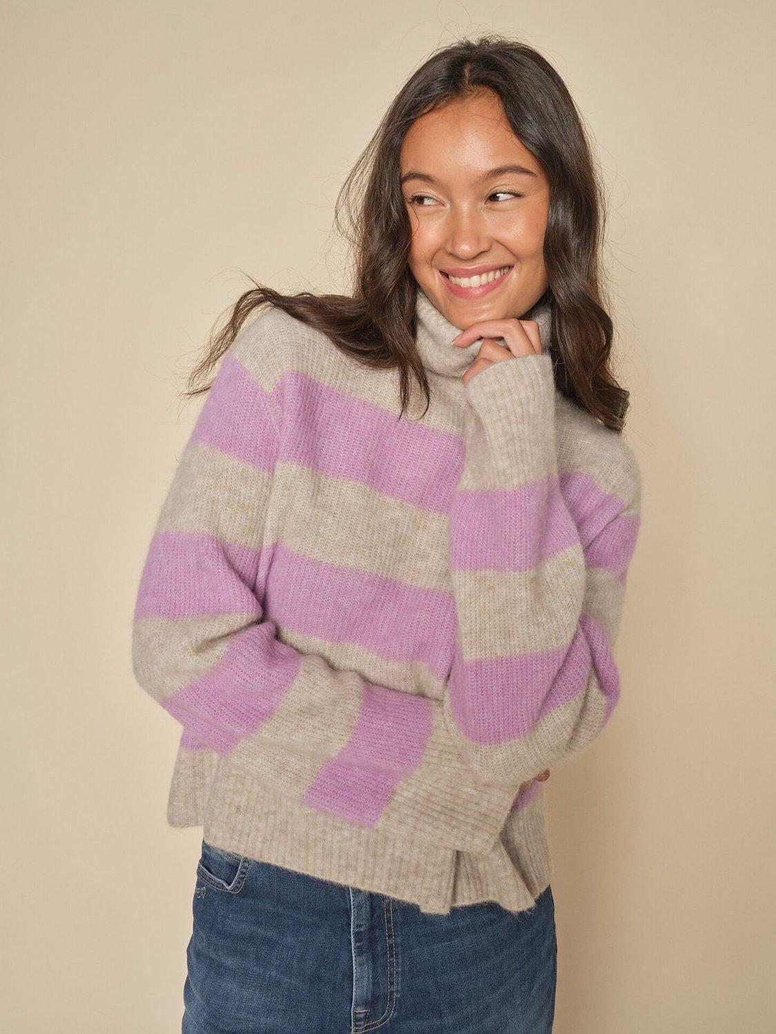 Product image 1 of 4, which shows MOS MOSH Aidy Stripe Wool Blend Jumper, Lavender/Feather Grey, XS