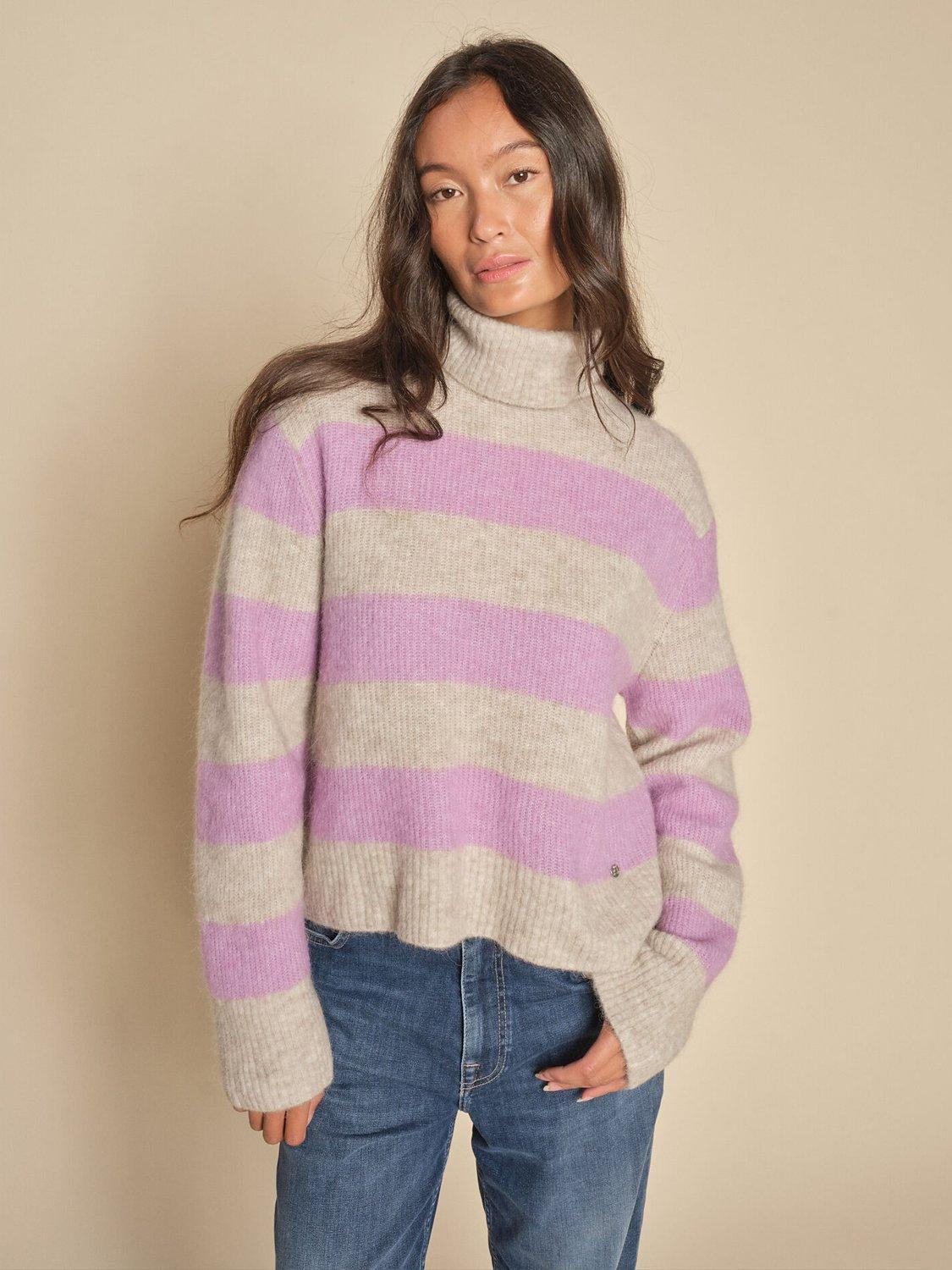 Product image 2 of 4, which shows MOS MOSH Aidy Stripe Wool Blend Jumper, Lavender/Feather Grey, XS