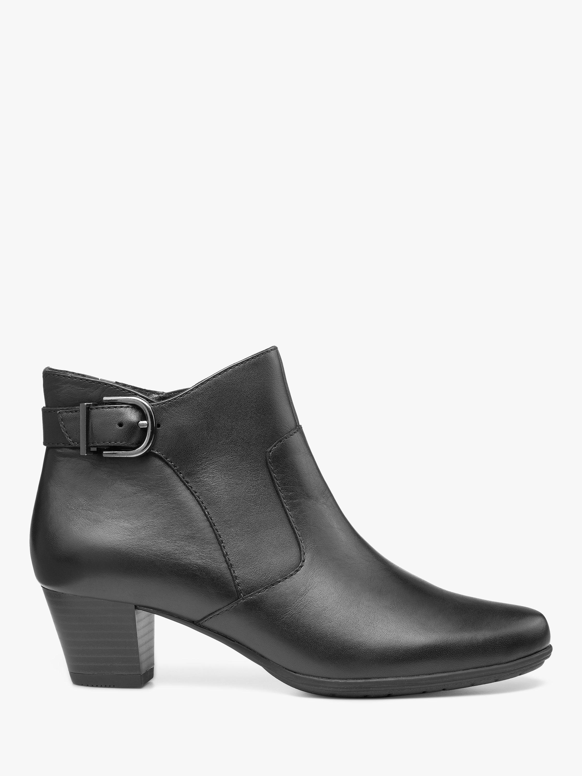 Hotter Addison Wide Fit Leather Low Block Heeled Ankle Boots Black