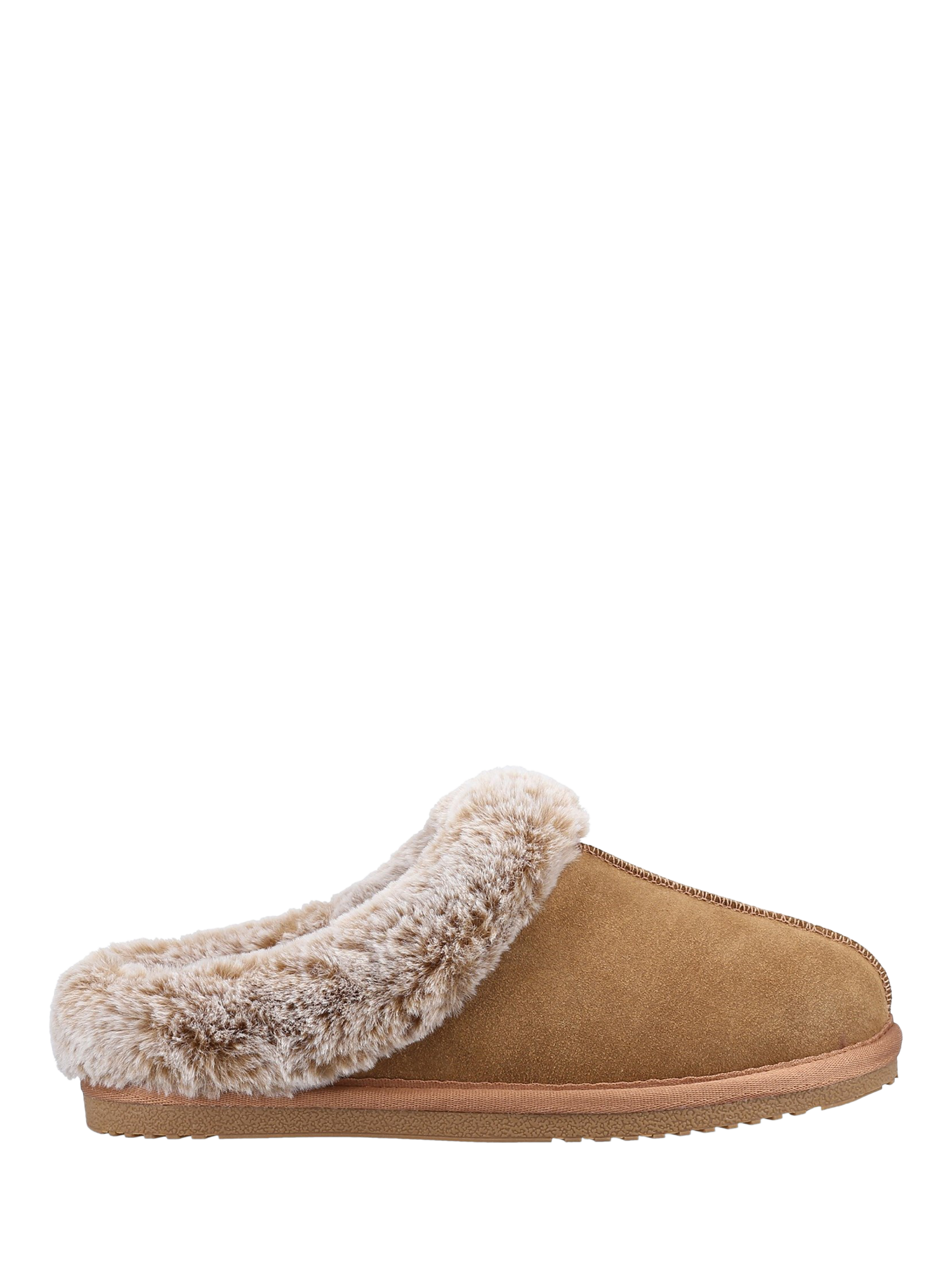 Product image 1 of 4, which shows Hush Puppies Amara Suede Faux Fur Lined Slippers, Tan, 3