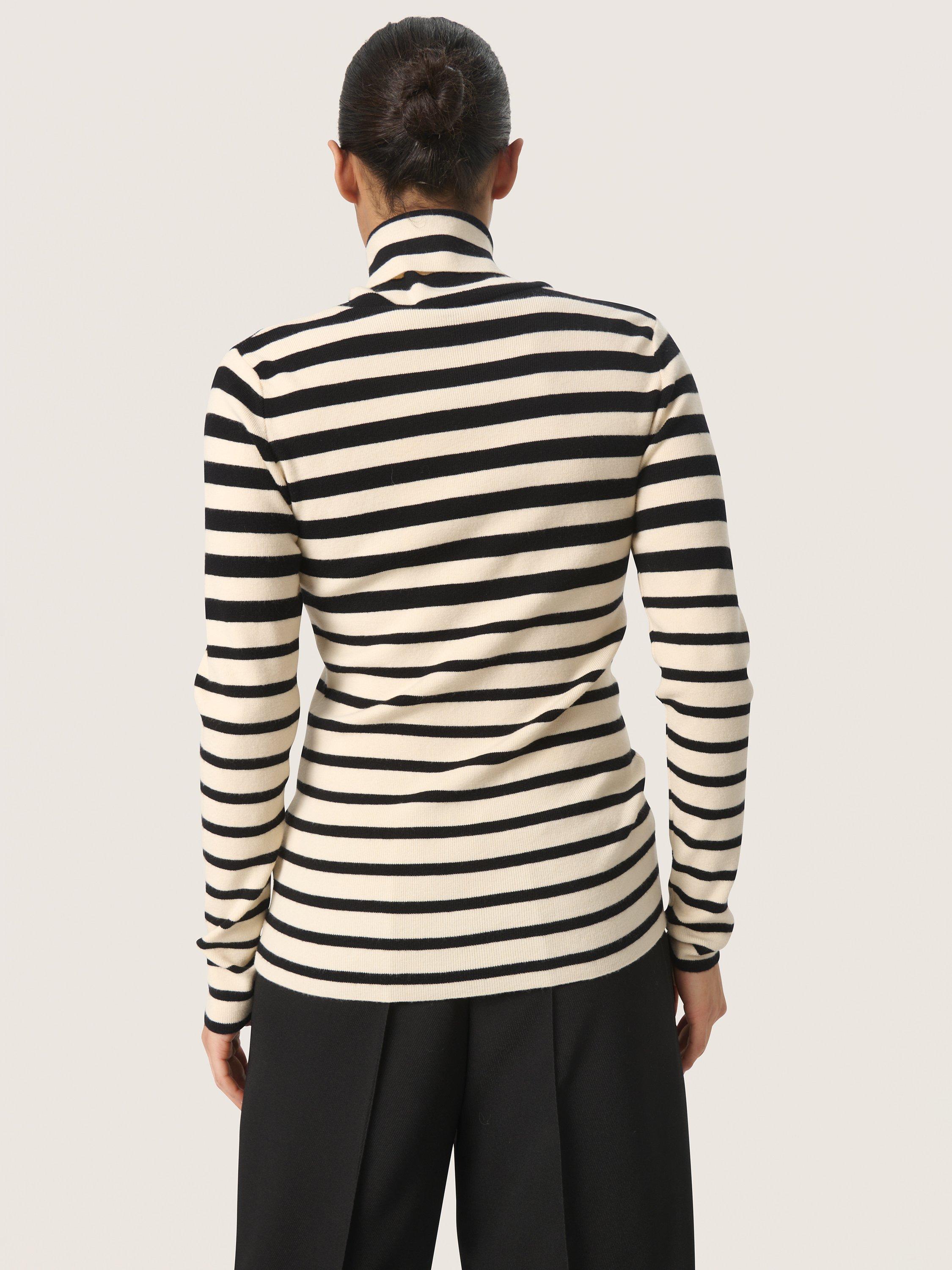 Product image 2 of 6, which shows Soaked In Luxury Spina Stripe Roll Neck Jumper, Black/White, XS