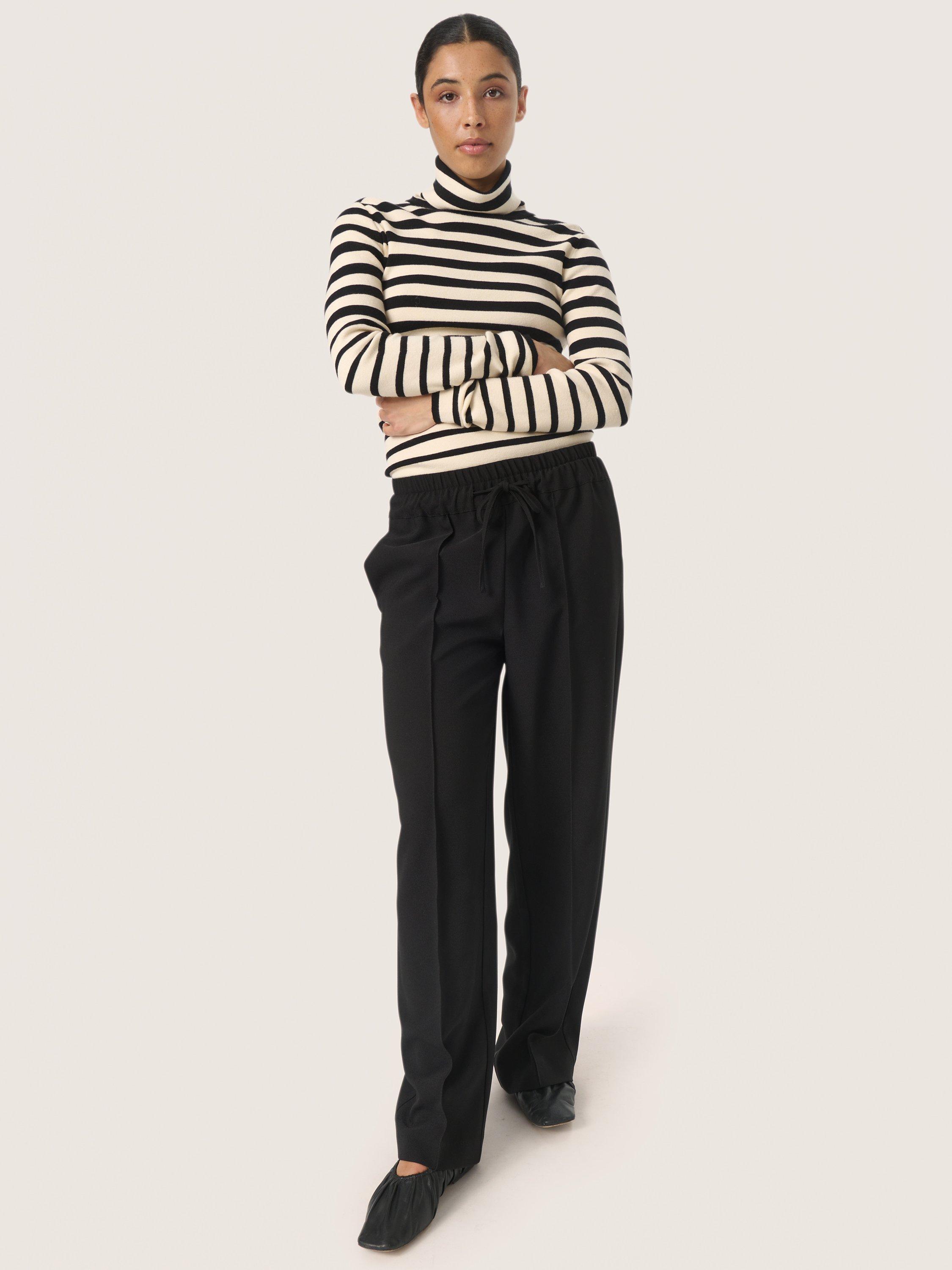 Product image 3 of 6, which shows Soaked In Luxury Spina Stripe Roll Neck Jumper, Black/White, XS