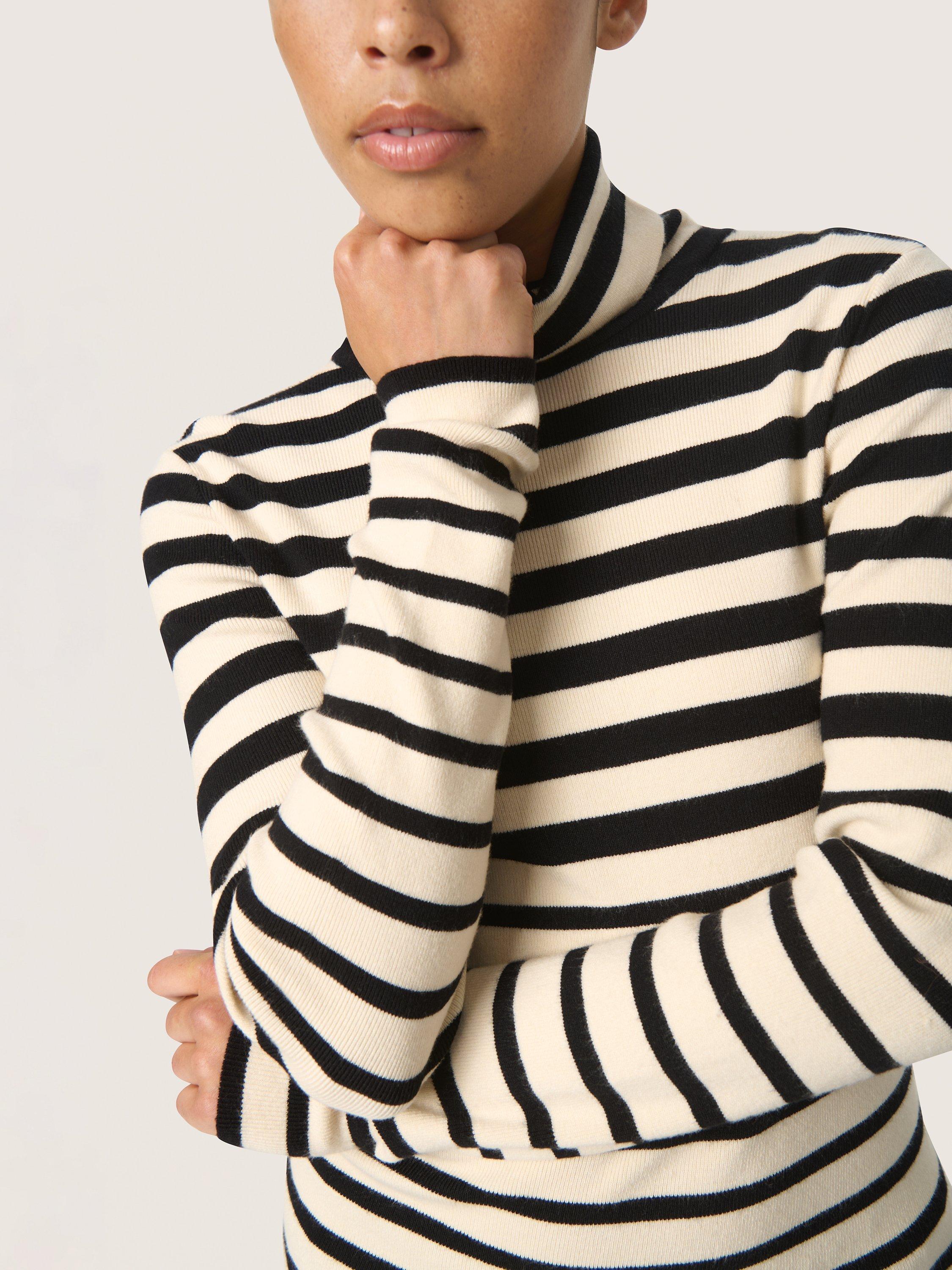 Product image 4 of 6, which shows Soaked In Luxury Spina Stripe Roll Neck Jumper, Black/White, XS